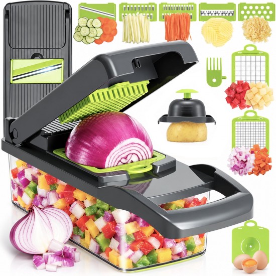 Honhorrs Black Vegetable Dicer and Mandoline Set, Seven Blades with Catch Container and Food Holder