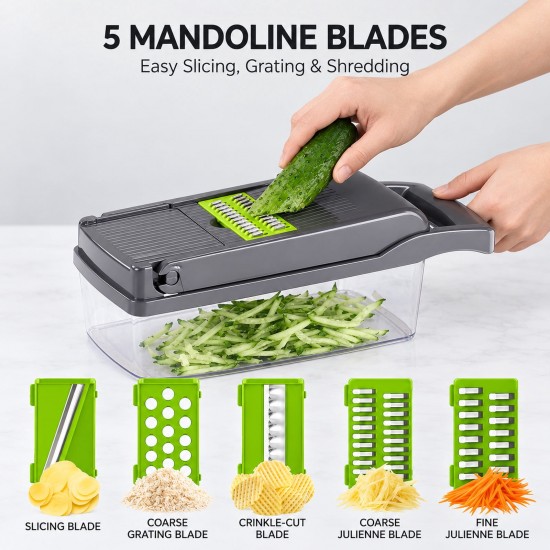 Honhorrs Black Vegetable Dicer and Mandoline Set, Seven Blades with Catch Container and Food Holder
