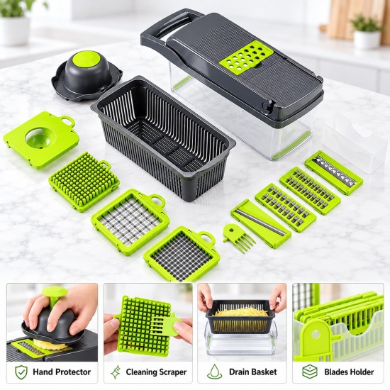 Honhorrs Black Vegetable Dicer and Mandoline Set, Seven Blades with Catch Container and Food Holder