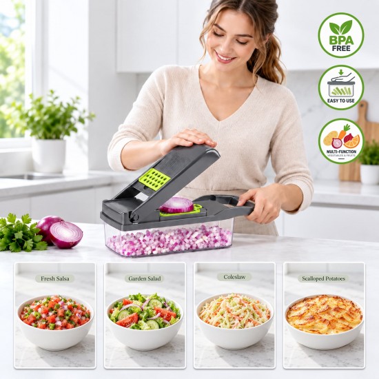 Honhorrs Black Vegetable Dicer and Mandoline Set, Seven Blades with Catch Container and Food Holder