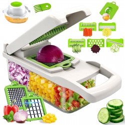Honhorrs Green-White Vegetable Chopper with Seven Blade Inserts, Catch Container and Drain Basket