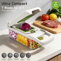 Honhorrs Green-White Vegetable Chopper with Seven Blade Inserts, Catch Container and Drain Basket