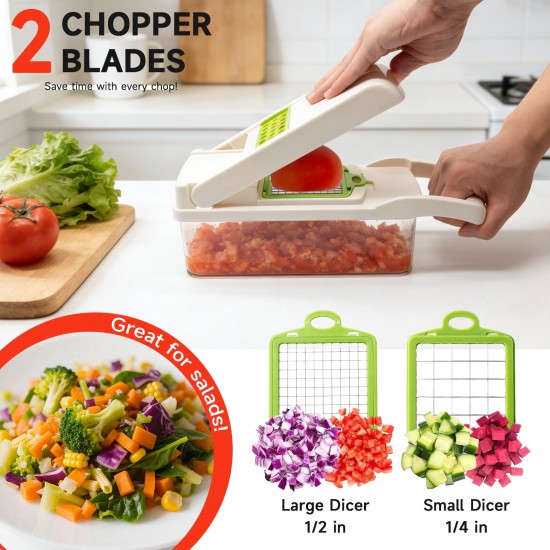 Honhorrs Green-White Vegetable Chopper with Seven Blade Inserts, Catch Container and Drain Basket