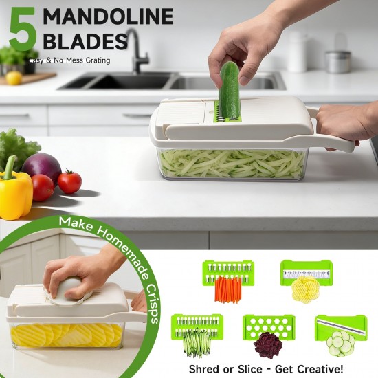Honhorrs Green-White Vegetable Chopper with Seven Blade Inserts, Catch Container and Drain Basket