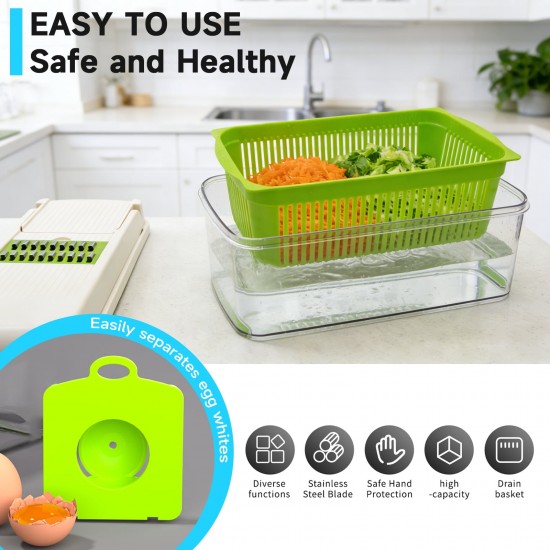 Honhorrs Green-White Vegetable Chopper with Seven Blade Inserts, Catch Container and Drain Basket
