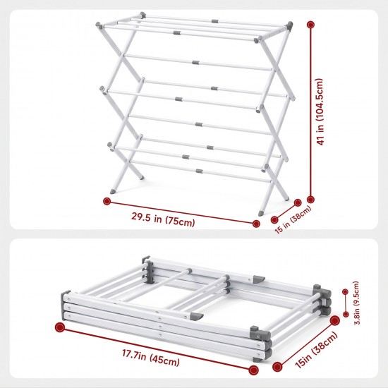 Honhorrs White Three-Tier Clothes Drying Rack with Extendable Rods, Folding Frame and Locking Clips