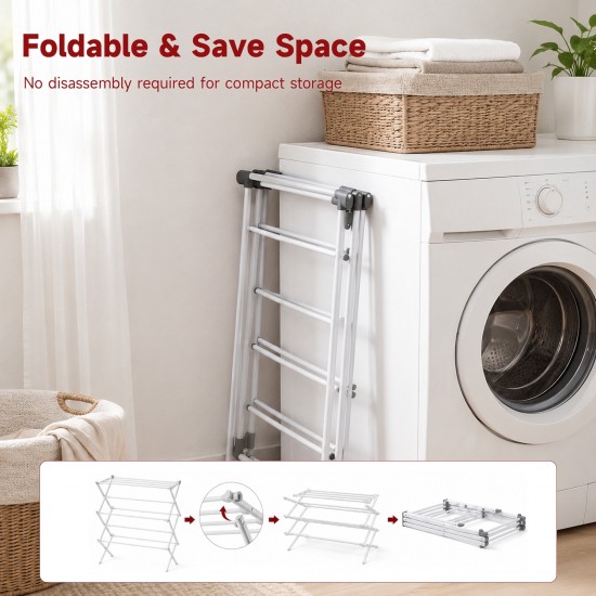 Honhorrs White Three-Tier Clothes Drying Rack with Extendable Rods, Folding Frame and Locking Clips