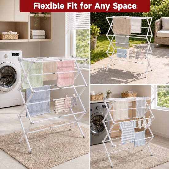 Honhorrs White Three-Tier Clothes Drying Rack with Extendable Rods, Folding Frame and Locking Clips