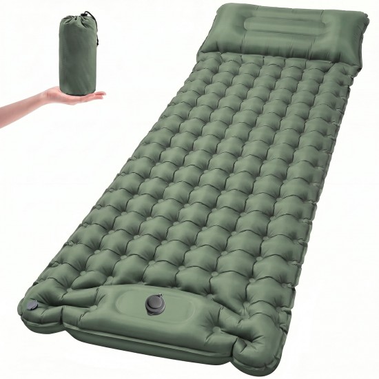 Honhorrs Green Camping Sleeping Pad, 4-Inch Matrix Air Cells with Built-In Pillow and Foot Pump