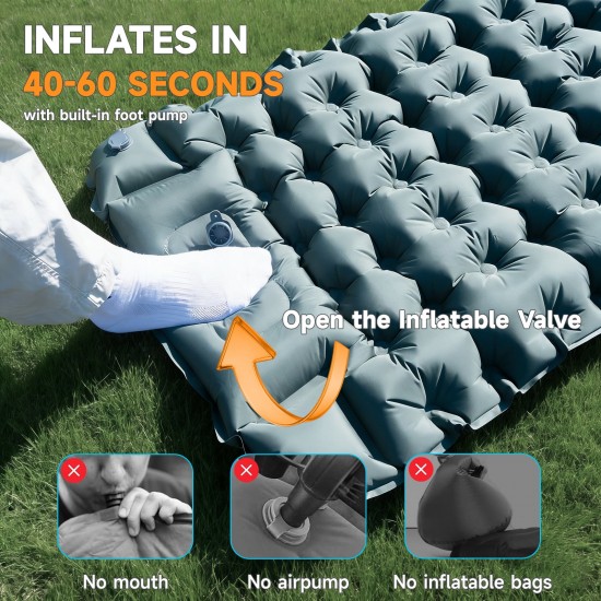 Honhorrs Green Camping Sleeping Pad, 4-Inch Matrix Air Cells with Built-In Pillow and Foot Pump
