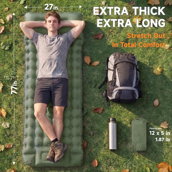 Honhorrs Green Camping Sleeping Pad, 4-Inch Matrix Air Cells with Built-In Pillow and Foot Pump