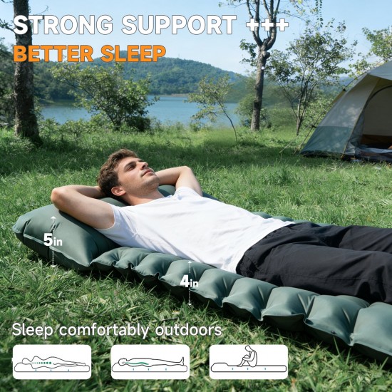 Honhorrs Green Camping Sleeping Pad, 4-Inch Matrix Air Cells with Built-In Pillow and Foot Pump