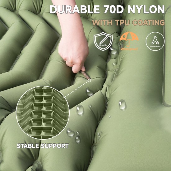 Honhorrs Green Inflatable Camping Mat with 4-Inch Wave Air Chambers, Raised Pillow and Foot Pump