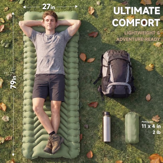 Honhorrs Green Inflatable Camping Mat with 4-Inch Wave Air Chambers, Raised Pillow and Foot Pump