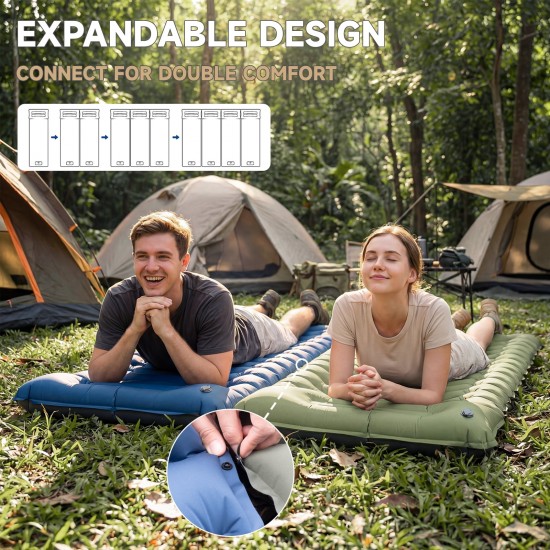 Honhorrs Green Inflatable Camping Mat with 4-Inch Wave Air Chambers, Raised Pillow and Foot Pump