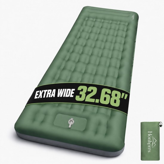 Honhorrs Extra-Wide Green Camping Pad, 6-Inch Air Chambers with Raised Pillow and Built-In Foot Pump