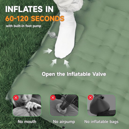 Honhorrs Extra-Wide Green Camping Pad, 6-Inch Air Chambers with Raised Pillow and Built-In Foot Pump