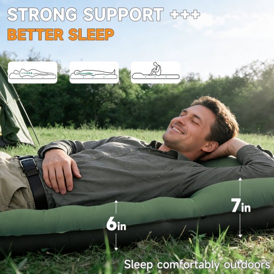 Honhorrs Extra-Wide Green Camping Pad, 6-Inch Air Chambers with Raised Pillow and Built-In Foot Pump