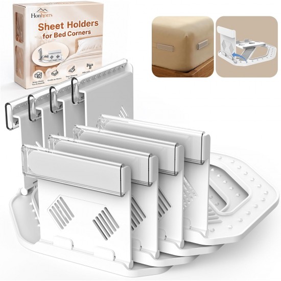 Honhorrs Bed Sheet Corner Holders, 4-Pack Foldable ABS Bases and Locking Clips for Fitted Sheets