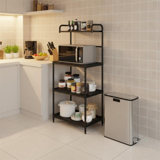 Honhorrs Four-Tier Kitchen Rack and Slim Pedal Bin Bundle, Wire Shelves with Soft-Closing Trash Lid
