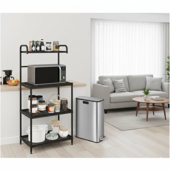 Honhorrs Four-Tier Kitchen Rack and Slim Pedal Bin Bundle, Wire Shelves with Soft-Closing Trash Lid