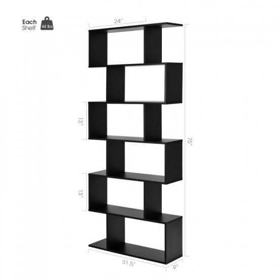 Honhorrs 6-Compartment S-Shaped Open Display Bookcase with Staggered Shelves and Wall Anchor