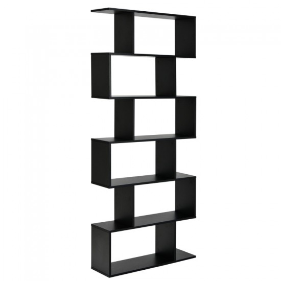 Honhorrs 6-Compartment S-Shaped Open Display Bookcase with Staggered Shelves and Wall Anchor