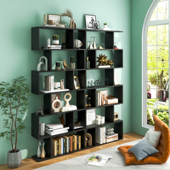 Honhorrs 6-Compartment S-Shaped Open Display Bookcase with Staggered Shelves and Wall Anchor