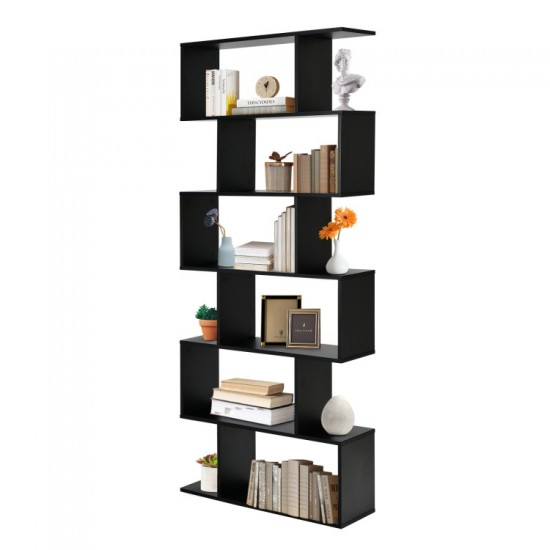 Honhorrs 6-Compartment S-Shaped Open Display Bookcase with Staggered Shelves and Wall Anchor