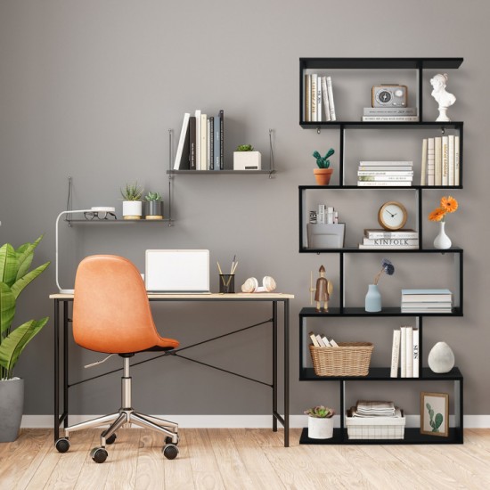 Honhorrs 6-Compartment S-Shaped Open Display Bookcase with Staggered Shelves and Wall Anchor