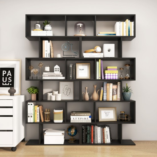 Honhorrs 6-Compartment S-Shaped Open Display Bookcase with Staggered Shelves and Wall Anchor