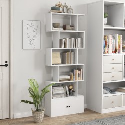 Honhorrs S-Shaped Bookcase — Five Display Cubbies, Two-Door Lower Cabinet and Soft-Close Door Hinges