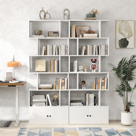 Honhorrs S-Shaped Bookcase — Five Display Cubbies, Two-Door Lower Cabinet and Soft-Close Door Hinges