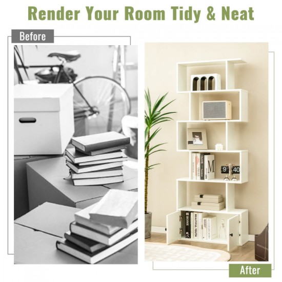 Honhorrs S-Shaped Bookcase — Five Display Cubbies, Two-Door Lower Cabinet and Soft-Close Door Hinges