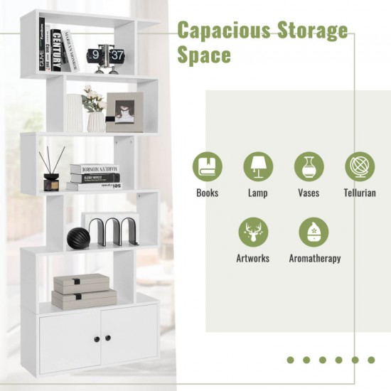 Honhorrs S-Shaped Bookcase — Five Display Cubbies, Two-Door Lower Cabinet and Soft-Close Door Hinges