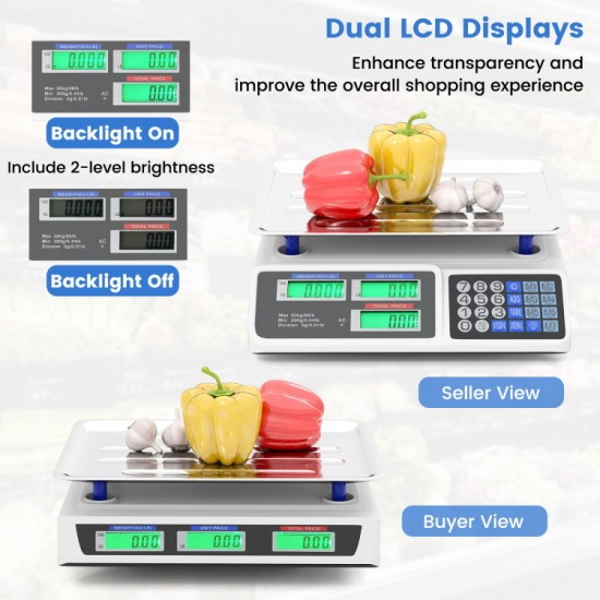 Honhorrs Dual-Display Price-Computing Food Scale, 66-Lb Capacity with Adjustable LCD Backlighting
