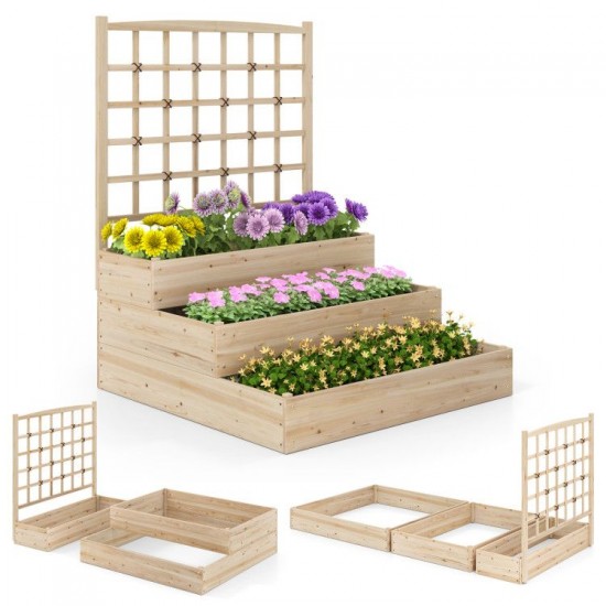 Honhorrs Three-Tier Fir Raised Garden Bed, Lattice Trellis and Open Bases for Flexible Box Layouts
