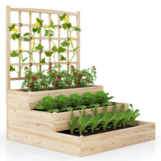 Honhorrs Three-Tier Fir Raised Garden Bed, Lattice Trellis and Open Bases for Flexible Box Layouts