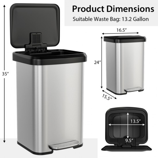 Honhorrs Stainless Steel Pedal Trash Can, Soft-Close Lid with Stay-Open Mode and Deodorizer Storage