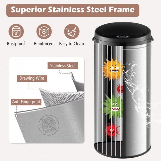 Honhorrs 8-Gallon Touchless Stainless Steel Trash Can with Stay-Open Control and Slow-Closing Lid