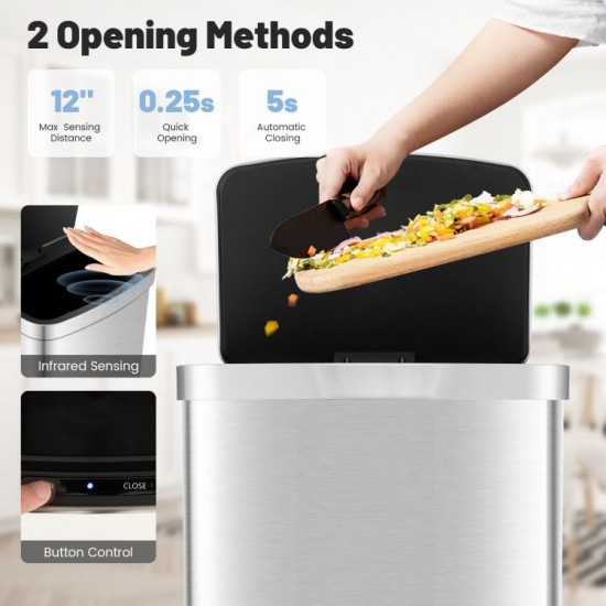 Honhorrs 13-Gallon Sensor Trash Bin, Stainless Body with Automatic Lid and Deodorizer Compartment