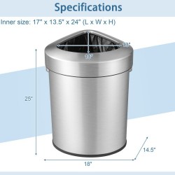 XVX 60-Liter Stainless Steel Corner Trash Bin, Fan-Shaped Body with Bag-Holding Lid and Handles