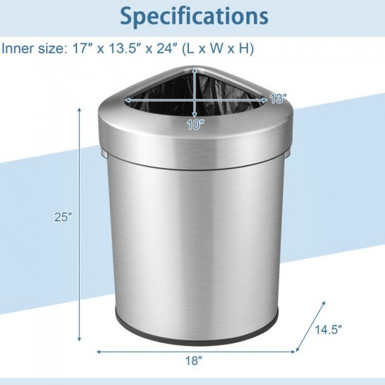Honhorrs 60-Liter Stainless Steel Corner Trash Bin, Fan-Shaped Body with Bag-Holding Lid and Handles