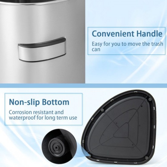 Honhorrs 60-Liter Stainless Steel Corner Trash Bin, Fan-Shaped Body with Bag-Holding Lid and Handles