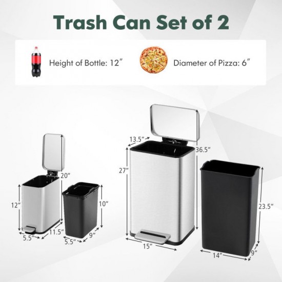 Honhorrs Two Stainless Steel Step Bins, 10.5 and 1.6 Gallons with Soft-Close Lids and Inner Buckets