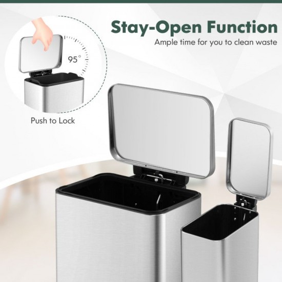 Honhorrs Two Stainless Steel Step Bins, 10.5 and 1.6 Gallons with Soft-Close Lids and Inner Buckets