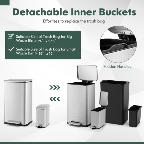 Honhorrs Two Stainless Steel Step Bins, 10.5 and 1.6 Gallons with Soft-Close Lids and Inner Buckets