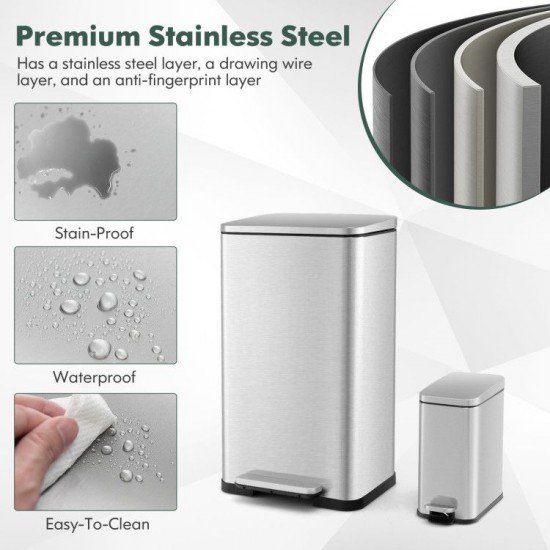 Honhorrs Two Stainless Steel Step Bins, 10.5 and 1.6 Gallons with Soft-Close Lids and Inner Buckets