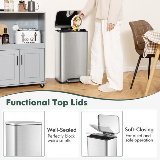 Honhorrs Two Stainless Steel Step Bins, 10.5 and 1.6 Gallons with Soft-Close Lids and Inner Buckets