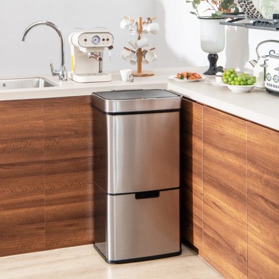 Honhorrs 19-Gallon Sensor Trash Station, Stainless Steel Body and Two Pull-Out Recycling Bins Below